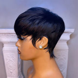 Lianfudai Short Straight Bob Wig Pixie Cut Wig Human Hair For Black Women With Bangs Brazilian Virgin Hair Non Lace front Cheap Wig Black