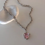 Lianfudai Pink Crystal Egirl Sweet Cool Clavicle Chain Necklace  Y2K Accessories Fashion Peach Heart Water Drop Pendant Aesthetic Jewelry