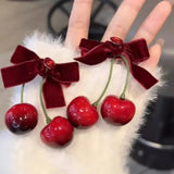 Lianfudai Cherry Red Bow Velvet Texture Elegant Hair Clip Fashionable Versatile Edge Hairpin Sweet Cool Headwear Girl Hair Accessories