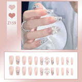 Lianfudai 24pcs/box Fake Nails Press on Reusable with Designs Set French Artificial Aurora Diamond False Tipsy Stick-on Nails Tips Art