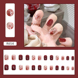 Lianfudai 24Pcs French With Drill Short Fake Nails Press On Nail Tips Artificial Full Cover Cute Bow Wearing False Nails Art Free Shipping