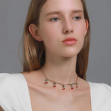 Lianfudai Hot Sell Gold Color Cherry Pendant Neck Chain Zircon Clavicle Necklaces For Women Girl Trendy Punk Jewelry Accessories