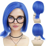 Lianfudai Synthetic Hair Short Sadness Wig Cosplay Straight Blue Wig for Kid with Glasses Inside Out Costume Halloween Fake Wigs for Women