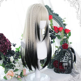 Lianfudai synthetic long straight hair women's wig silver gradient gray wig cosplay lolita bangs wig party wig