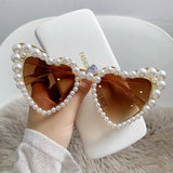 Lianfudai Fashion Retro Heart-Shaped Imitation Pearl Frame Sunglasses UV400 Women Cat Eye  Eyewear Trendy Beach Party  Sun Glasses