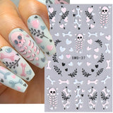 Lianfudai Cartoon Skull Halloween Nail Art Stickers Pink Bones Ghost Cat Moon Tree Owl Stripes Lines Winter Christmas Manicure Decoration