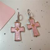 Lianfudai Goth Harajuku Vintage Aesthetic Pink Cross Crystal Star Heart Pendant Earring For Girl Y2K Grunge 2000s EMO Jewelry Accessories