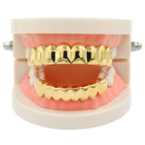Lianfudai Hip Hop Teeth Grillz 14K Gold Color Plated Top Bottom 8/8 Tooth Caps Dental Grills For Women Men Punk Jewelry Gift
