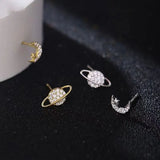 Lianfudai Simple Piercing Stud Earrings for Women Star Moon Zircon Silver Color Needles Tragus Cartilage Asymmetry Pendiente Fine Jewelry