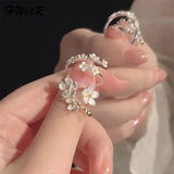 Lianfudai Unique Delicate Flower Opening Adjustable Rings For Women Silver Color Minimalist Finger Ring Engagement Jewelry Female Gift