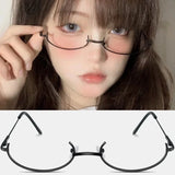 Lianfudai Y2K Half Frames Glasses Women Vintage Metal Oval No Lens Optical Spectacles Anti-blue Cosplay Harajuku Photography Eyewear