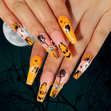 Lianfudai 24Pcs Halloween False Nails Long Ballet Fake Nails with Ghost Cobweb Design Pink French Coffin Full Cover Press on Nail Tips