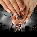 Lianfudai 24Pcs Halloween False Nails Long Ballet Fake Nails with Ghost Cobweb Design Pink French Coffin Full Cover Press on Nail Tips