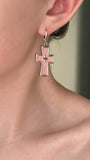 Lianfudai New Gothic Cute Harajuku Y2K Pink Large Cross Pendants Earrings For Women Charm 2000s EMO Aesthetic Party Accessories Jewelry