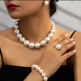 Lianfudai 5 Women's Vintage Light Luxury French 5 Piece Imitation Pearl Jewelry Fashion Wedding Earring Bracelet Necklace Ring Set