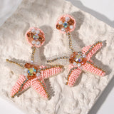 Lianfudai Bohemian Starfish Lobster Conch Seed Bead Drop Earrings for Women Handmade Ocean Animal Earrings Summer Beach Jewelry