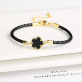 Lianfudai Classic Genuine Leather Woven Natural Stone Five Leaf Flower Charm Bracelet Fashion for Women Girls Party Wedding Jewelry Gift