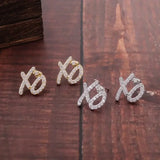 Lianfudai New Design Hip Hop Letter Xo Copper Men\\\\'s Square Stud Earrings Retro Fashion All Copper All Zircon Couple Stud Earrings