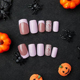 Lianfudai Pink Spider Web Heart Nail Art Halloween Elements Square Fake Nail Tips Full Cover Finished False Nail Press on Nail Glue Woman