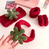 Lianfudai Red Fleece Hairbands Cute Strawberry Leaves Hair Hoops Wrist Strap Girls Lovely Headbands Christmas Ornament Hair Accessories