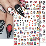 Lianfudai 3D Halloween Nail Stickers Clown Skull Bone Pumpkin Cartoon Spider Bat Nail Decals Self-Adhesive Nail Art Stickers Nails Decor