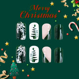 Lianfudai 24Pcs Short Press on Nail Christmas Tree Snowflake French Glitter Fake Nails Dark Green Wearable Nail for Women&Girl Nail Art