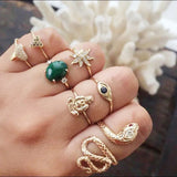 Lianfudai Fashion Cutout Moon Snake Vintage Turquoise Charm Ring New Jewelry for Party Trendy Flower Crystal Geometric Set Rings for Women