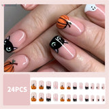 Lianfudai 24pcs Halloween Theme False Nails Short Square Press On Nails With Ghost Pumpkin Black Cat Designs Full Cover Fake Nail Tips