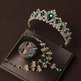 Lianfudai Bridal Headwear Crown Necklace Earrings Four Piece Set of Green Colour Women's Exquisite Party Tiaras