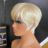 Lianfudai Short Pixie Cut Straight Hair Wig Brazilian Remy Hair Human Hair Wigs With Bangs 613 Honey Blonde Color Wig Cheap Glueless Wig