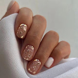 Lianfudai current nail trends 2023  24Pcs Short Square Fake Nails with Aurora Sequins Design Wearable Ballet False Nail Tips Reusable Finished Press on Nails