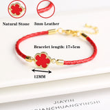 Lianfudai Classic Genuine Leather Woven Natural Stone Five Leaf Flower Charm Bracelet Fashion for Women Girls Party Wedding Jewelry Gift