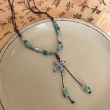 Lianfudai Vintage Ceramic Butterfly Pendant Necklaces for Women New Chinese Ethnic Style Long Adjustable Handmade Beaded Necklaces Jewelry