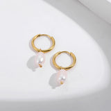 Lianfudai Eardrop Pearl Small Hoop Earrings for Women Gold Color Stainless Steel Circle Huggies Hoops Ear Buckle Jewelry