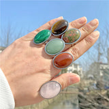 Lianfudai Natural Stone Ring for Women Vintage Silver Color Aventurine Stone Rings Big Cabochon Open Ring Adjustable Men Female Jewelry