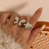 Lianfudai Temperament Gold Color Star Pentagram Butterfly Opening Rings for Women Men Couple Engagement Ring Fashion Jewelry