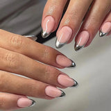 Lianfudai 24P French Oval False Nails Girls White Edge Design Nude Color Wearable Press on Nail Full Cover Short Acrylic Almond Fake Nails