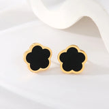 Lianfudai 316L Stainless Steel Black Five Leaf Clover Flower Stud Earrings For Women New Trendy Waterproof Ear Jewelry Girls Gift