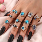 Lianfudai Fashion Cutout Moon Snake Vintage Turquoise Charm Ring New Jewelry for Party Trendy Flower Crystal Geometric Set Rings for Women