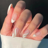 Lianfudai 24Pcs Simple Almond Fake Nail with Aurora French Design False Nails Round Head Wearable Press on Nails Full Cover Manicure Tips