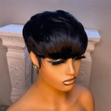 Lianfudai Short Straight Bob Wig Pixie Cut Wig Human Hair For Black Women With Bangs Brazilian Virgin Hair Non Lace front Cheap Wig Black