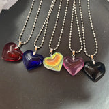 Lianfudai Goth Big Love Heart Pendant Necklace for Women Trendy Punk Round Beads Chain Grunge Y2K Jewelry Accessories Steampunk