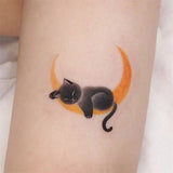 Lianfudai Cute Black Cat Temporary Tattoos for Woman Man Arm Art Cartoon Fake Tattoo Waterproof Anime Yellow Moon Sleeping Kitten Sticker