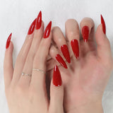 Lianfudai Stiletto Mirror Red Light Gossy Red Color Fingernails Sharp Fake Nails Art Medium Size Press On Nails Wholesale With Tabs