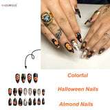 Lianfudai 24pcs Dark Black Fake Nails Halloween Theme False Nail Patches Orange Flower Ghost Printed Press On Nails Detachable Manicure