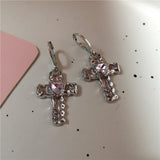 Lianfudai Goth Harajuku Vintage Aesthetic Pink Cross Crystal Star Heart Pendant Earring For Girl Y2K Grunge 2000s EMO Jewelry Accessories