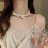 Lianfudai Korean Style Twining Pearl Choker Necklaces for Women Geometric Necklaces Weddings Bride Jewelry Accessories