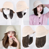 Lianfudai  Hollow Visor Wig Brown Ombre Long Roll Hat with hair Extension Travel Fashion Wigs Women's Natural Wigs