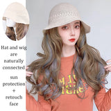 Lianfudai  Hollow Visor Wig Brown Ombre Long Roll Hat with hair Extension Travel Fashion Wigs Women's Natural Wigs