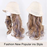 Lianfudai  Hollow Visor Wig Brown Ombre Long Roll Hat with hair Extension Travel Fashion Wigs Women's Natural Wigs